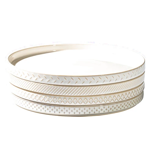 MIKIGEY Dinner Plates Set of 4, 10.5 inch Plate Set, Vintage Serving Dishes, Steak Plates， Microwave & Dishwasher Safe, Embossed Ceramic Salad Plates for Kitchen, Off White