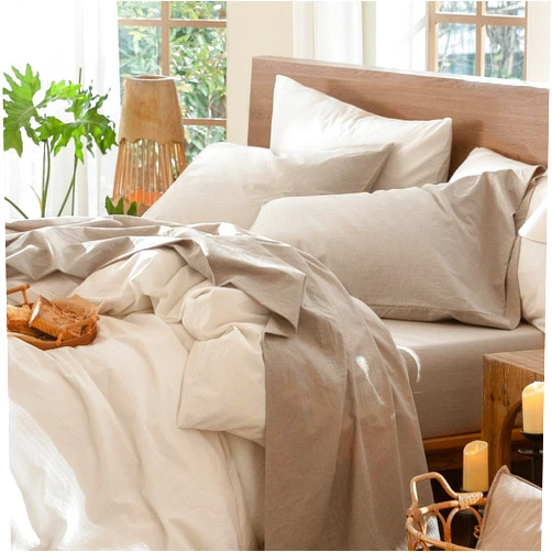 MooMee Bedding Sheet Set 100% Washed Cotton Linen Like Textured Breathable Durable Soft Comfy (Tannish Linen Grey, King)