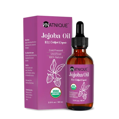 Natnique Jojoba Oil (2oz), USDA Certified Organic, 100% Pure for Hair Growth, Face & Skin. 100% Natural Hair Oil Moisturize Nails, Ear, Scalps, Cuticles. Facial Oil for Gua Sha Massage. Jojoba Oil for Hair.