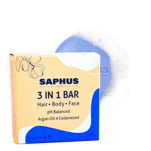 SAPHUS 3-in-1 Shampoo Conditioner & Body Wash Bar for Hair, Body, Face, Beard | Moisturizing & Cleansing for Men, Women, Kids | pH Balanced, Travel Friendly, Sulfate Free, 3oz