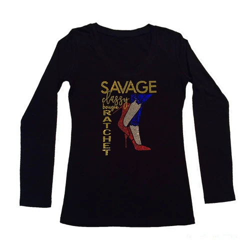 RhinestoneSuperstore Women's Rhinestone Fitted Tight Snug Shirt Savage, Classy, Bougie, Ratchet