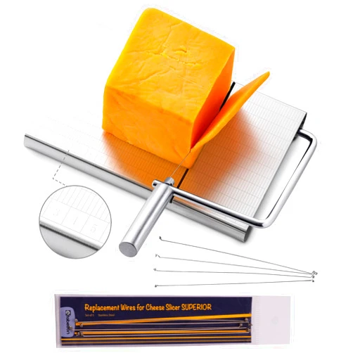 TABELTON Cheese Slicer with Wire for Block Cheese Kit - Stainless Steel Cutting Board with Wire Bundle - 9 Replacement Wires Included