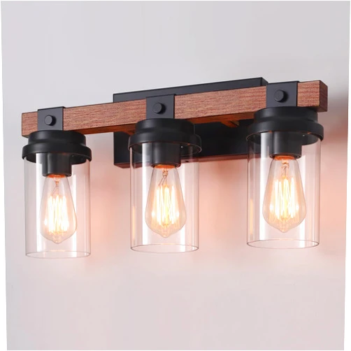 ZSMIHDOH 3 Light Farmhouse Vanity Light, Rustic Black Bathroom Light Over Mirror with Clear Glass Shade, Wood Grain Vintage Farmhouse Wall Sconces for Bathroom, Living Room, Hallway