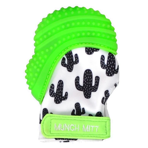 Munch Mitt Malarkey Kids Munch Mitt Teething Mitten - The Original Mom-Invented Silicone Teether Mitten with Travel Bag – Ideal Teething Toys - Green Cactus