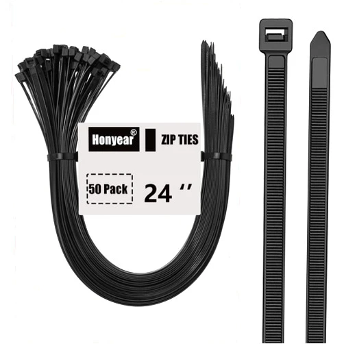 Honyear Large Cable Zip Ties Heavy Duty 24 Inch, 50 Pcs Strong Cable Ties with 200 LBS Tensile Strength, Multi-Purpose Durable Nylon Black Zip Ties Wraps for Indoor, Outdoor