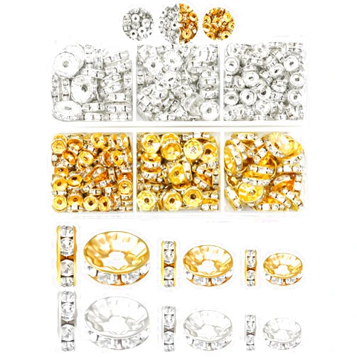 FIVEIZERO 300pcs FIVEIZERO Rondelle Spacer Beads for Jewelry Making, 6mm, 8mm, 10mm Beads with Holes, Gold & Silver Rhinestone Beads for Beaded Pens, Craft Projects, Bracelets & Necklaces