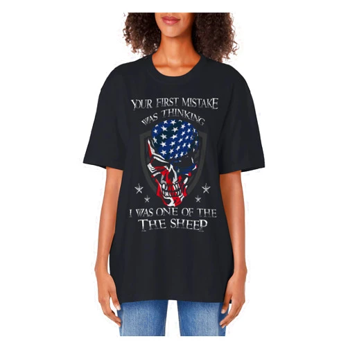 American Flag - Skull Veteran Gift - Dressed4Duty Your First Mistake Was Thinking I Was One Of The Sheep Skull Adult Oversized Vintage T-Shirt
