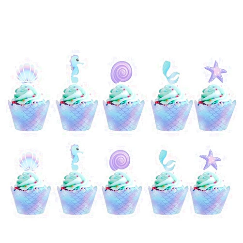 SanyGe 40 Pcs Mermaid Double Side Cupcake Toppers and Wrappers, Little Mermaid Theme Decoration Baby Shower Under The Sea Birthday Party Favor