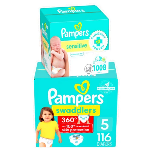 Pampers Swaddlers 360 Pull-On Diapers, Size 5, 116 Count, One Month Supply with Sensitive Water Based Baby Wipes 12 Flip-Top Packs (1008 Wipes Total)
