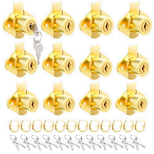 Yaocom 12 Set Cabinet Locks with Keys, Includes 12 Gold Drawer Lock Brass Plated Office Mailbox File Cabinet Lock, with 24 Keys, Fits 7/8 Inch Max Panel Thickness (Keyed Different)