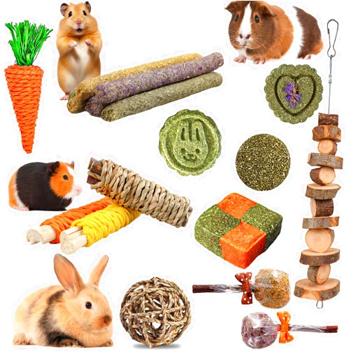 HERCOCCI HERCOOCI 18Pcs Rabbit Chew Toys, Bunny Treats and Ball Timothy Hay Stick Toys for Rabbit Bunny Guinea Pig Chinchilla Hamster Teeth Care