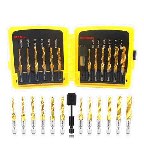 BeQell HSS Drill Tap Bit Set 13pcs,BeQell SAE/Metric Combination Drill Tap Kit,Titanium Coated Drill Bits with Quick Change Adapter for Drilling, Tapping, Deburring,Countersinking