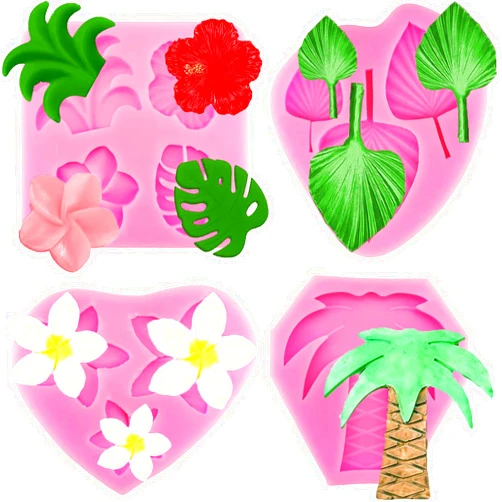 JJzxwish 4 Pcs Tropical Flowers Leaves Mold Fan Leaf Fondant Mold Hibiscus Flower Monstera Leafage Palm Leaf Plumeria Flower Silicone Molds for DIY Chocolate Candy Cupcake Cake Topper Hawaiian Party Decoration