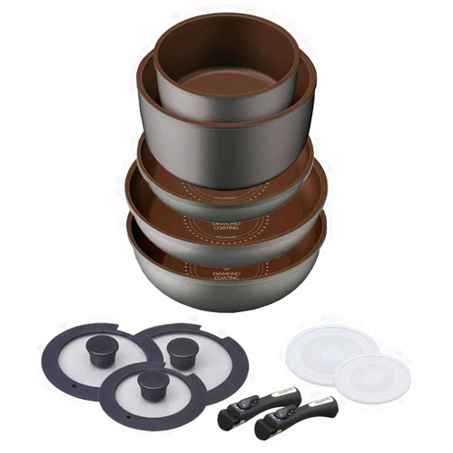 Iris Ohyama H-IS-SE12 Frying Pan Pot Set, Gas Fire, Induction Compatible, 12 Pieces, Diamond Coated, Removable Handle, Lightweight, Non-Stick, Easy Care