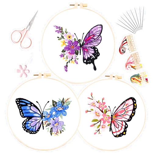 LB Butterfly Embroidery Kit for Beginners Adults, 3 Sets Hand Embroidery Starter Kit with Flower Pattern and Instructions Stamped Cross Stitch Kits Include Embroidery Hoop Needles Threads Scissors