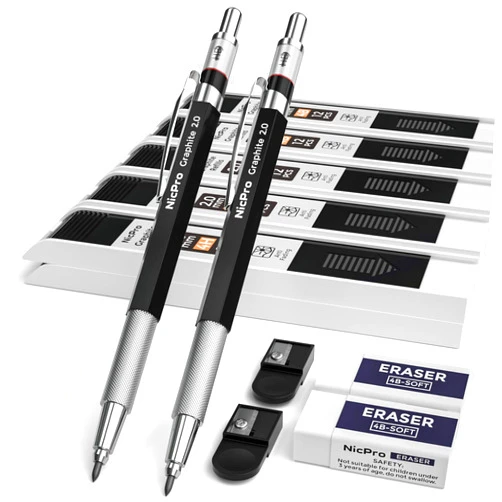 Nicpro 2mm Metal Mechanical Pencil Set, 2PCS Lead Holder 2.0 mm Marker Artist Carpenter Pencils with 120 Graphite Lead Refill (HB 2H 4H 2B 4B & Color), 2 Eraser for Drafting, Drawing Writing Sketching
