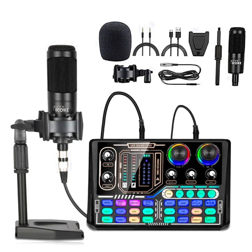 Pkshicore Podcast Equipment Bundle, Sound Card, DJ Mixer, Portable ALL-IN-ONE Podcast Production Studio with Sound Board with Condenser Microphone for Live Streaming, Recording, Gaming