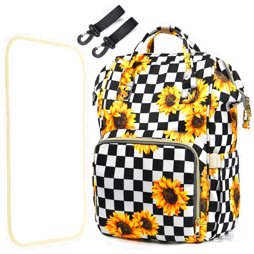 LIMHOO 3 in 1 Diaper Bag Backpack, Multifunction Large Baby Bags with Changing Pad & Stroller Straps, Waterproof Nappy Bag for Mom Baby Care (Checkered Sunflower)