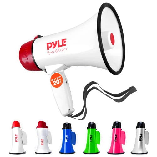 Pyle Megaphone Speaker PA Bullhorn - 20 Watts & Adjustable Vol Control w/ Built-in Siren & 800 Yard Range for Football, Baseball, Hockey, Cheerleading Fans & Coaches or for Safety Drills - PMP20,White