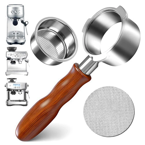 MiHeeHome 54mm Bottomless Portafilter for Breville Barista Express Pro Touch, Naked Portafilter with 18-20g Filter Basket & 53.3mm Puck Screen, 304 FG Stainless Steel, Walnut Handle Espresso Accessories