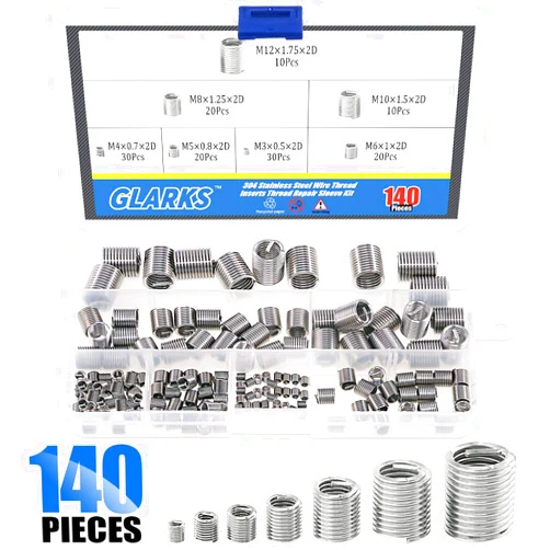 Glarks 140Pcs 304 Stainless Steel Metric M3 M4 M5 M6 M8 M10 M12 Wire Thread Inserts Steel Sheath Helical Type Coiled Wire Screw Repair Sleeve Assortment Kit