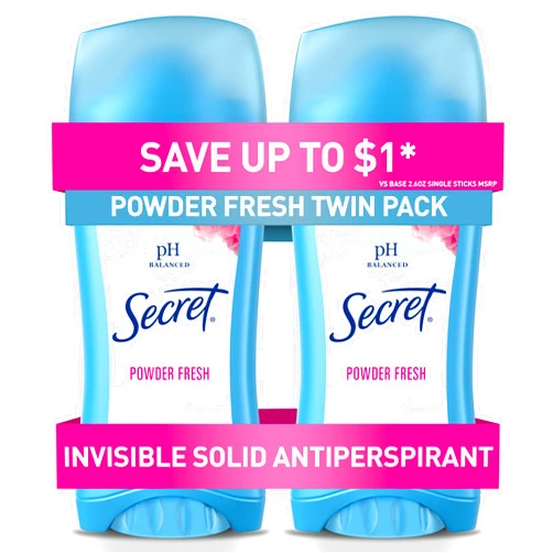 Secret Antiperspirant and Deodorant for Women, 24hr Sweat & Odor Protection, PH Balanced Protection, Gentle on Skin, Invisible Solid, Powder Fresh Scent, 2.6 oz (Pack of 2)