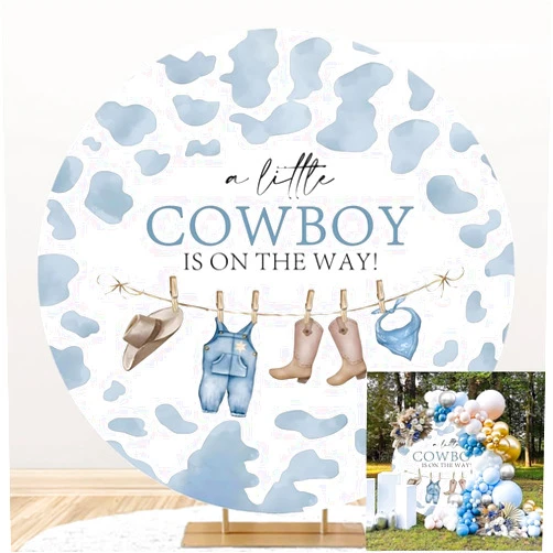 TTQYFNM 7x7ft Cowboy Baby Shower Round Backdrop Cover A Little Cowboy is on The Way Party Decorations Wild West Western Cowboy Theme Baby Shower Photography Background Banner Photo Booth Props