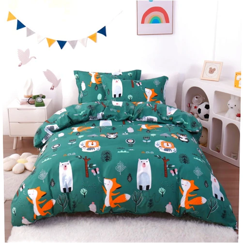 JSD Green Forest Animal Kids Duvet Cover Set Full Size, 3 Piece Soft Printed Microfiber Comforter Cover with Pillow Sham Zipper Closure, Comforter Not Included
