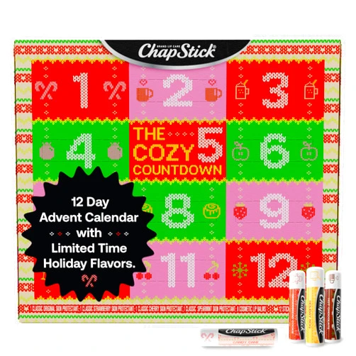 ChapStick 12 Days Advent Calendar Lip Balm Holiday Gift Set, Moisturizing Daily Lip Care For Dry, Chapped Lips, Soothing Hydration, Limited Edition Cozy Flavors, 12 Pack Variety, 0.15 OZ EA