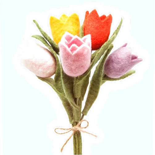 Glaciart One Felt Tulip Flowers Artificial Bouquet - 5 pcs|Reusable, Washable and Essential Oil Ready Multi Color Artificial Flowers w/Bendable Wire Stem |Great as Gift and Home or Event Decorations
