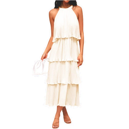 ZESICA Women's 2024 Summer Sleeveless Halter Neck Ruffle Tiered Layed Chiffon Flowy Swing Long Midi Dress