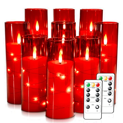 Raycare Flameless LED Candles with Embedded Star String, 9 Pcs Battery Operated Acrylic Pillar Candles with Timer and Remote, Flickering Candles for Romantic Ambiance and Home Decoration (Red)
