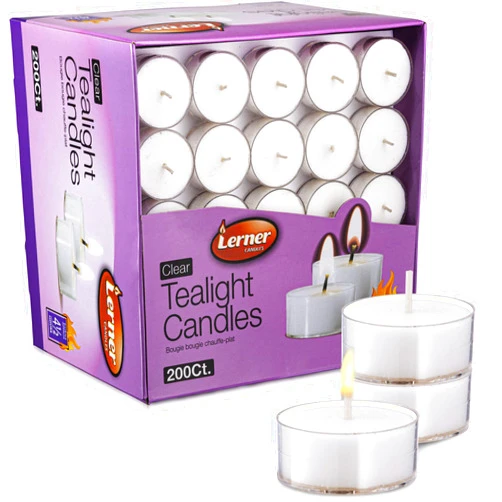 Lerner Candles Lerner Clear Tea Lights Candles Bulk - 4.5 Hour Clear Cup Tealight 200 Pack - Consistent Smkless Clean Burning - Holiday, Wedding, Spa, Emergency and Home Decoration Candles