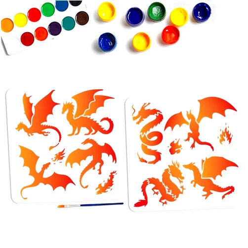MAYJOYDIY 8 Styles Dragon Flame Stencil 11.8×11.8inch Large Western Dragon Template with Paint Brush Square Fire Dragon Theme Stencils for Wood Canvas Fabric Wall Furniture Decorations DIY Projects