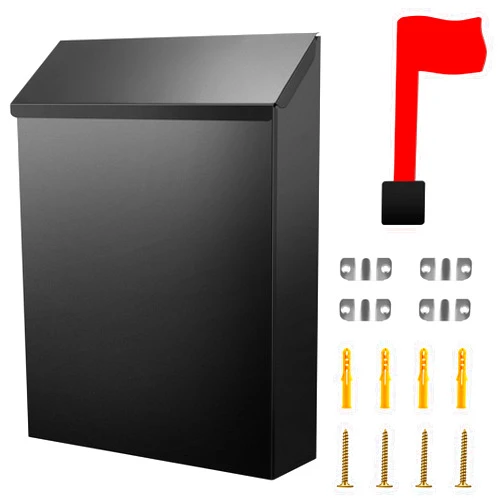 Tandefio 1 Pcs Wall Mount Mailbox with Red Mailbox Flag Reflective Sticker Keys Outdoor Steel Rustproof Lock Post Boxes Outdoor, 11.4 x 8.7 x 2.6 Inches, Black