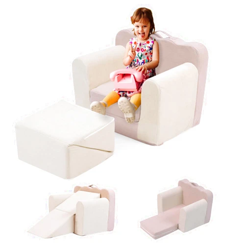 MOOZHEALTH 3-in-1 Toddler Chair Comfy Kids Sofa Chair,Toddler Couch Fold Out with Folding Ottomans,Foldable Baby Couch for Girls and Boys,Convertible Kids Chair Cozy to Lounger Pull Out for Playroom,Beige Pink