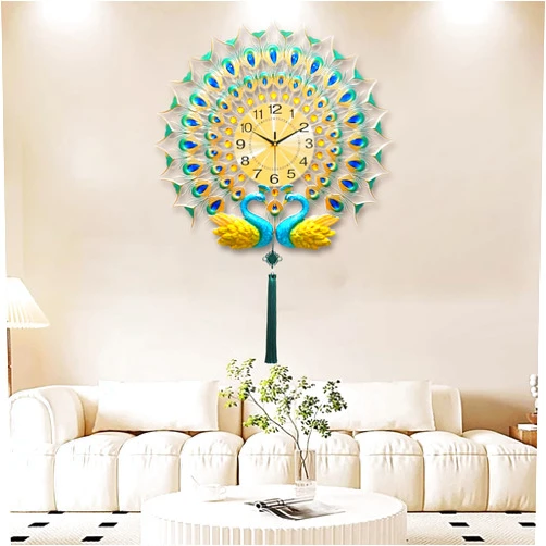 Zyiesrsq Large Peacock Wall Clock for Living Room Decor, 28 inch Metal Non-Ticking Silent Crystal Decorative Wall Clocks with Chinese Knot, Modern Art Wall Decor, for Dining Room Bedroom Office Decor (Green)