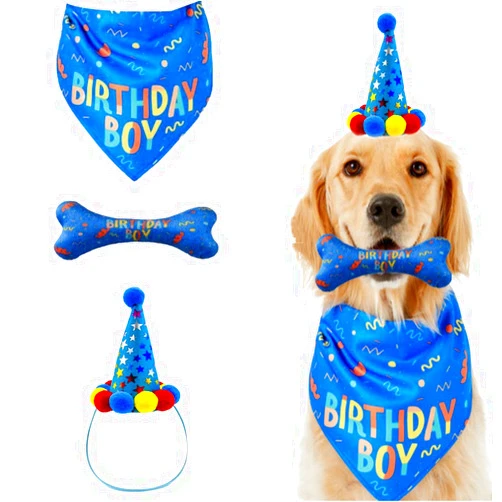 IDOLPET Dog Birthday Boy Bandana Hat Toy Set Pet Happy Birthday Party Supplies Triangle Bibs with Cute Bone Dog Birthday Scarf Accessories and Decoration for Doggy Large Dog – Blue