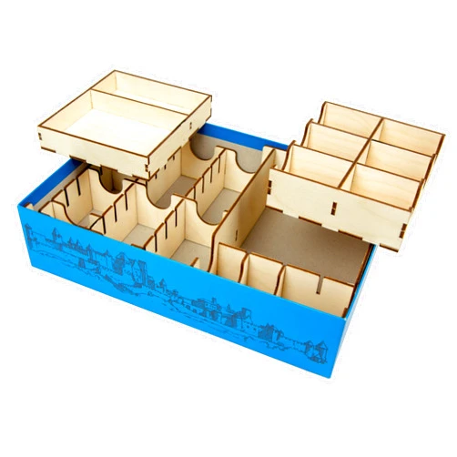 The Broken Token Board Game Organizer - Carcassonne Compatible Wood Storage Box with Multiple Trays, Rows and Dividers