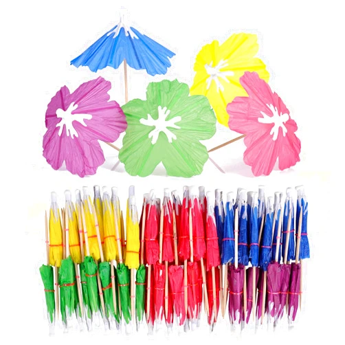 MYJIE [200 Pcs] Cocktail Drink Umbrella Picks Toothpicks - Hibiscus Colorful Paper Toothpicks Cocktail Umbrellas for Luau Parasols Hawaiian Tiki Party Decorations Cupcake Topper for Summer Pool