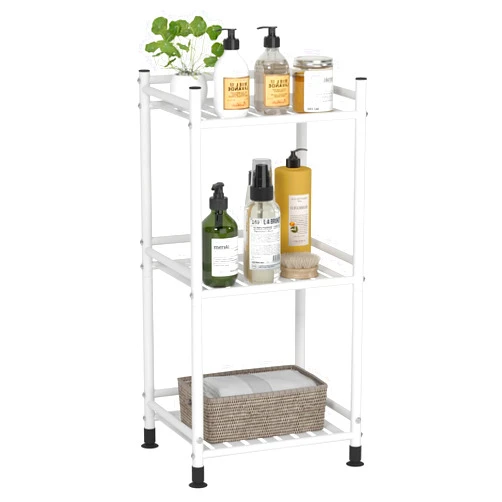 FKUO 3 Tier Bathroom Storage Open Shelf Unit, Free-Standing Metal Corner Rack Shelving for Kitchen, Living Room, Hallway (Matte White, 3 Tier)