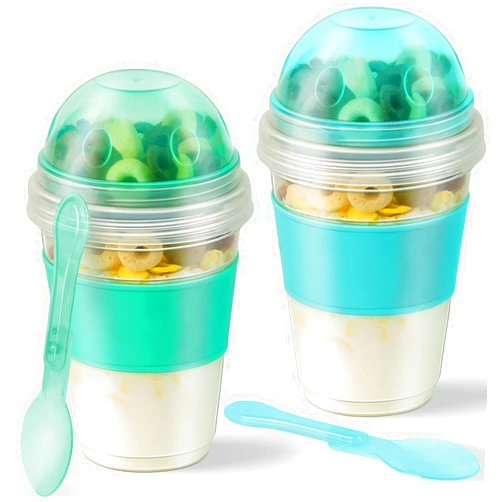 Freshmage Yogurt Parfait Cups with Lids, 2 Pack 20 oz Reusable Overnight Oats Containers with Lids, Topping Compartment & Spoon to Go for Breakfast Meal Prep, Portable & Lightweight (Blue&Green)