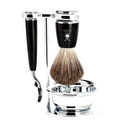 MÜHLE RYTMO Black 4-Piece Pure Badger 3-Blade Razor Modern Luxury Wet Shaving Set - Perfect for Every Day Use, Barbershop Quality Close Smooth Shave