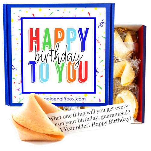 Golden Gift Box Birthday Cookies In A Birthday Treats Box - 9 Funny Birthday Fortune Cookies & Birthday Messages - Vegan - Kosher (For All Ages)