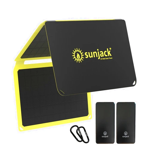 SunJack 25 Watt Foldable IP67 Waterproof ETFE Monocrystalline Solar Panel + 2X 10000mAh Power Banks with USB-A and USB-C for Cell Phones, Tablets and Portable for Backpacking, Camping, Hiking