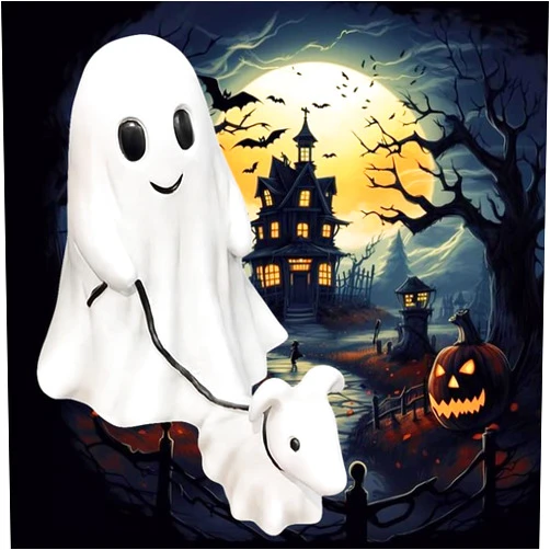 AnsFind Ghost Walking Dog Statue Large, 2024 New Halloween Ghost Dog Statue, Spooky Home Decor Ghost Walking Dog Figurine, Boy Ghost Walking His Ghost Dog on Leash, Ghost Halloween Decorations Indoor