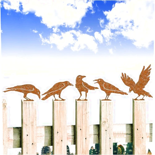 Tzbqrdj 5PCS Rusty Birds Decoration, Outdoor Fence Decorations, Lifelike Metal Birds Silhouette Craft Statue Ornaments Funny Bird Decor Garden Yard Art, Fence Topper Balcony Decor (Raven)