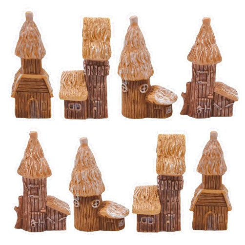 Pinenjoy 8Pcs Miniature Thatched Wooden House Figurines Mini Resin Fairy Garden Village Cottage Hut Figures for DIY Dollhouse Bonsai Terrarium Micro Landscape Decor