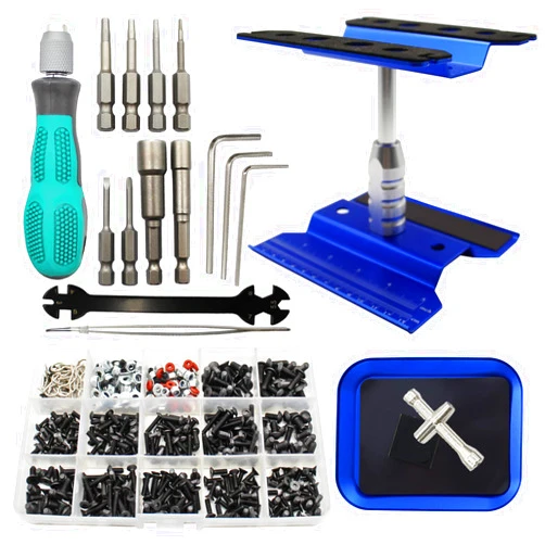 RC Lelut RC Car Repair Work Stand Repair Tool Set 360 Degree Rotation and 523 PCS RC Screws Kit & RC Screwdrivers and Screws Pallet Kit for 1/8 1/10 1/12 1/16 1/18 RC Crawler Car Truck Buggy (Navy Blue)