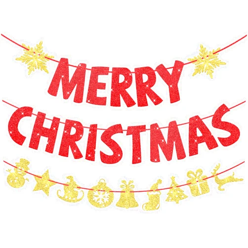 VitalCozy Set of 3 Pre-Strung Merry Christmas Banner Merry Christmas Garland Glitter Xmas Sign Inside Hanging Decor Outdoor Indoor Decoration for Holiday Party Supplies Home Porch(Red, Gold)